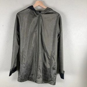 𝅺KC Collections Rain Coat Gold Print Black Lined Zip Up Hood Pockets Size Small